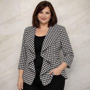 Calvin Klein Black & White Houndstooth Open Front Blazer Jacket Size 12